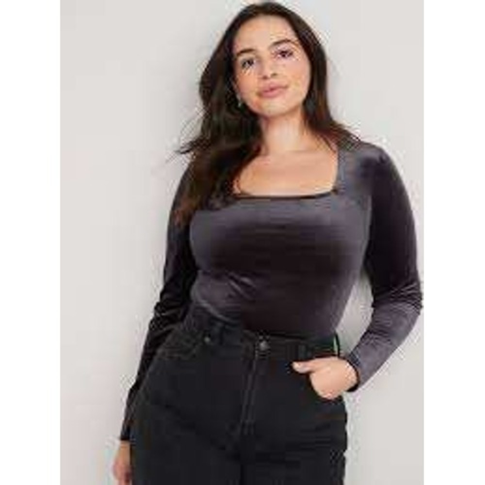 Old Navy Womens Velvet Bodysuit XL‎ Gray Square Neck Soft Office Holiday